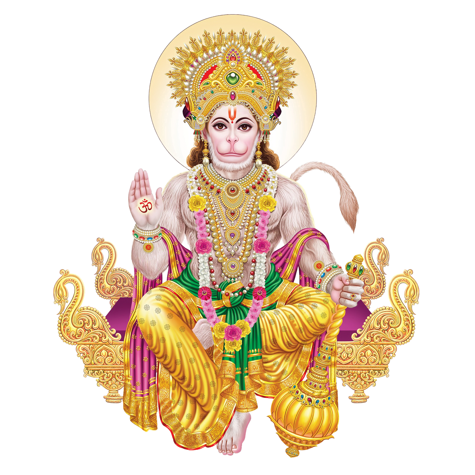 hanuman ji png file sitting on singhasan with gada and giving blessing